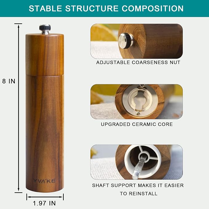 Wooden Salt and Pepper Grinder, 8 Inch Manual Salt and Pepper Mill, Adjustable - Image 2