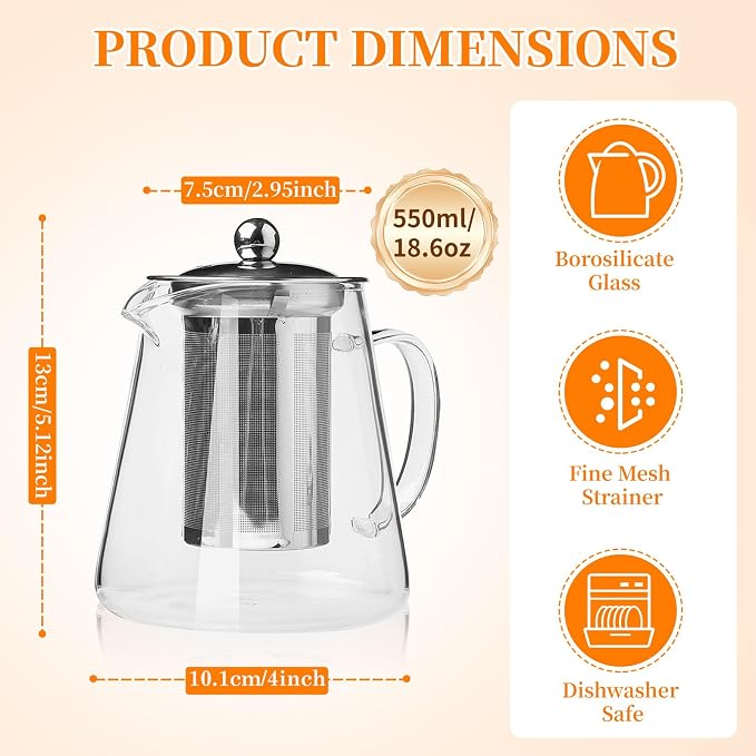 Glass Teapot with Stainless Steel Infuser, Borosilicate Tea Kettle - Image 3
