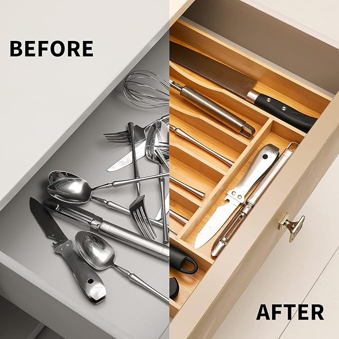 2-Piece Bamboo Silverware Organizer, Expandable Kitchen Drawer Organizer - Image 4