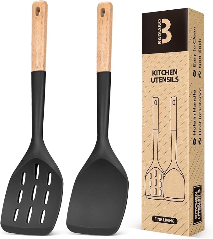 Pack of 2 Silicone Spatula, Non Stick Cooking Utensil Set Wooden Handle Kitchen by BADIANO