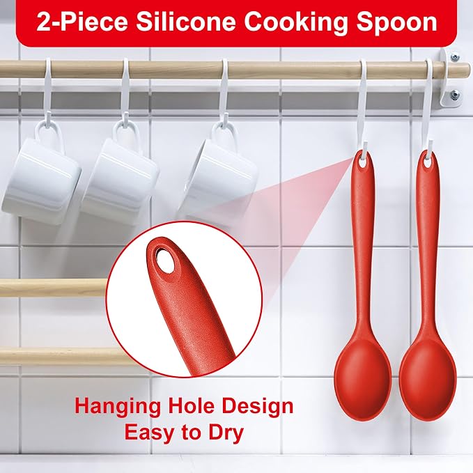 E-far Silicone Cooking Spoon Set of 2, Heat Resistant Kitchen Spoons Utensils - Image 5
