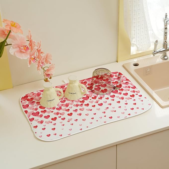 Valentines Dish Drying Mat 18x24 Inch Watercolor Red Pink Love Hearts Drying - Image 6