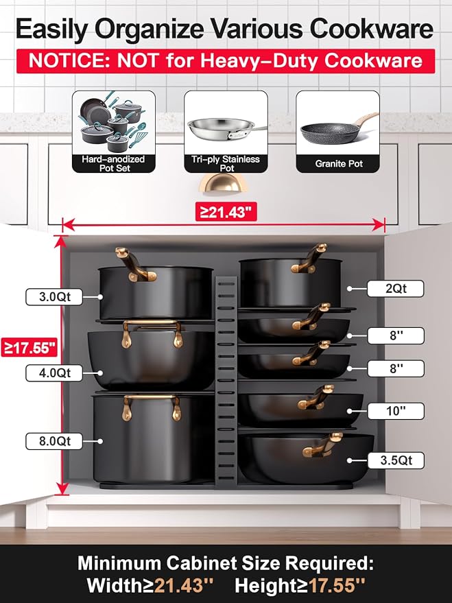 MUDEELA Pots and Pans Organizer Rack under Cabinet 14.55in Height, 8-Tiers - Image 2