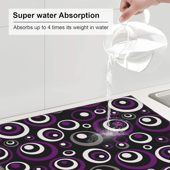Purple White and Black Circle Pattern Dish Drying Mat, Absorbent Microfiber - Image 4