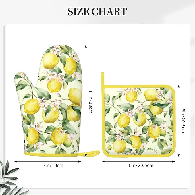 Lemon Silicone Oven Mitts Pan Mats Set of 2, Heat Resistant Gloves Potholder - Image 3