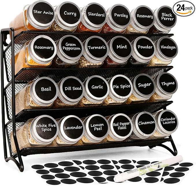 DIDITIME Spice Rack Organizer – 24 Glass Jars, 60 Labels & Marker, Space-Saving by DIDITIME
