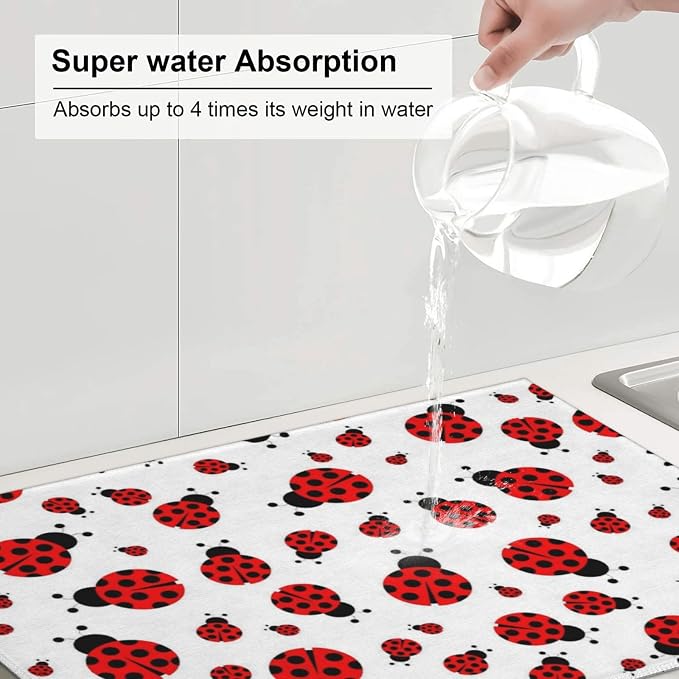 Red Ladybug Dish Drying Mat Cute Small Dots Fun Animal Themed Drying Rack Pad - Image 5