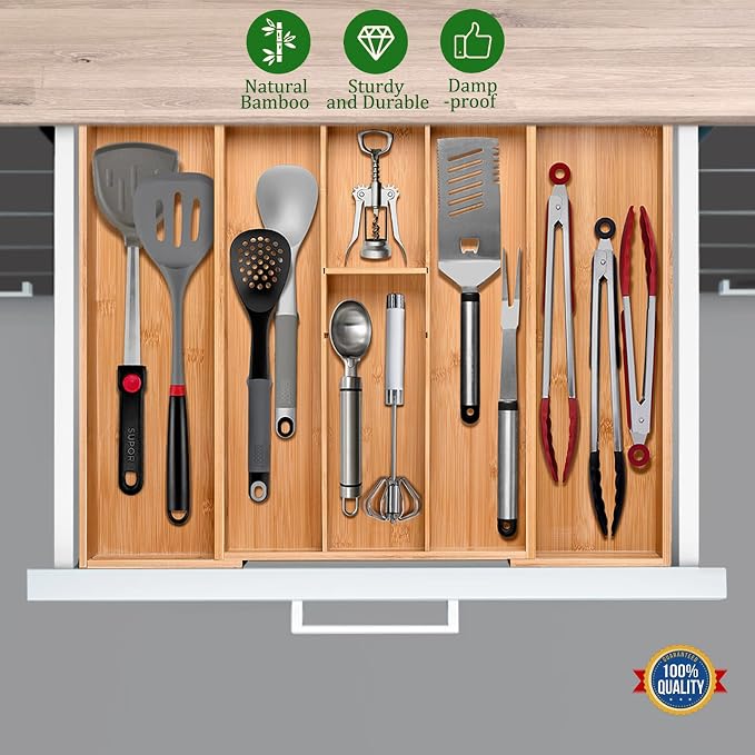 guiogc Bamboo Silverware Organizer, Expandable Kitchen Drawer Organizer and - Image 7