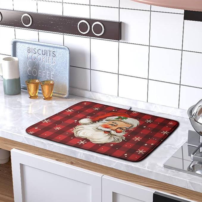 Santa Claus Christmas Dish Drying Mat Xmas Red and Black Buffalo Plaid - Image 5