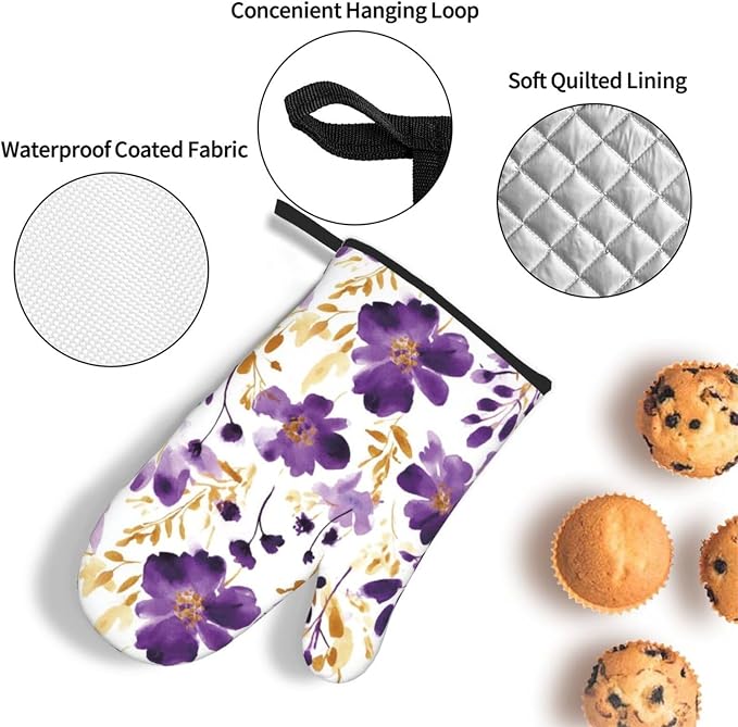 Spring Purple and Gold Floral Oven Mitts and Pot Holders Sets of 3, Non-Slip - Image 6