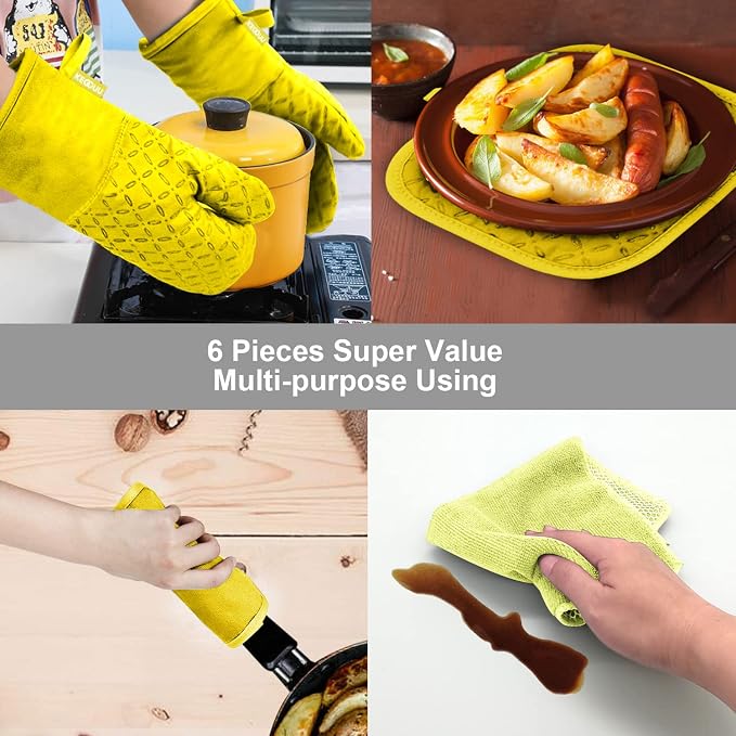 KEGOUU Oven Mitts and Pot Holders 6pcs Set, Kitchen Oven Glove High Heat - Image 7