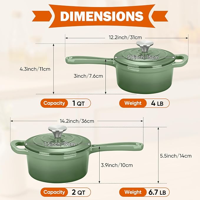 Homikit 1 QT & 2 QT Saucepan Set, Enameled Cast Iron Saucepan - Image 2
