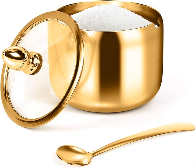 holoith Sugar Container with Glass Lid and Spoon - 10oz Gold Sugar Bowl by Holoith