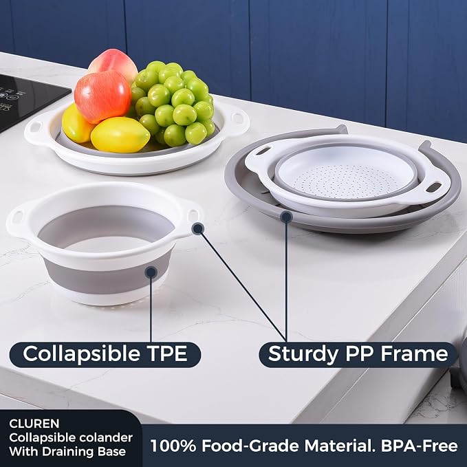 Collapsible Colander Set with Oversized Draining Tray | 3-Pack Foldable Kitchen - Image 5