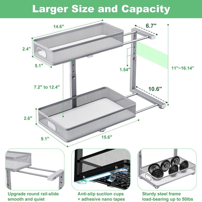 Under Sink Organizer 2 Pack, High Adjustable 2 Tier Under Sink Organizers and - Image 4
