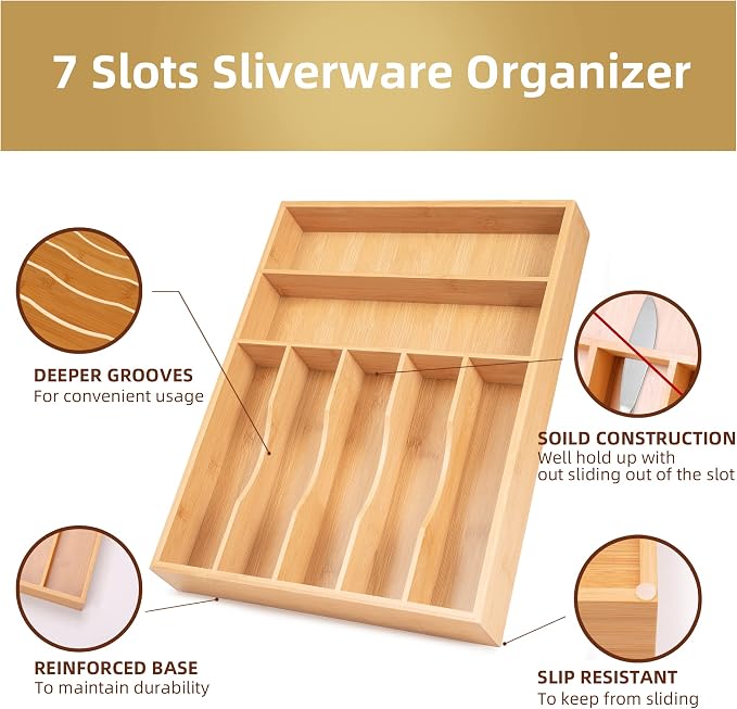 Besilord Silverware Organizer Kitchen Drawer Organizer Utensil Organizer Bamboo - Image 3