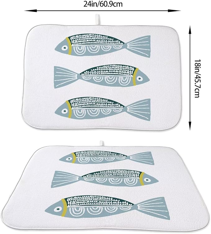 Coastal Dish Drying Mat 18 x 24 inch Beach Blue Fish Print Decorative Drying - Image 2