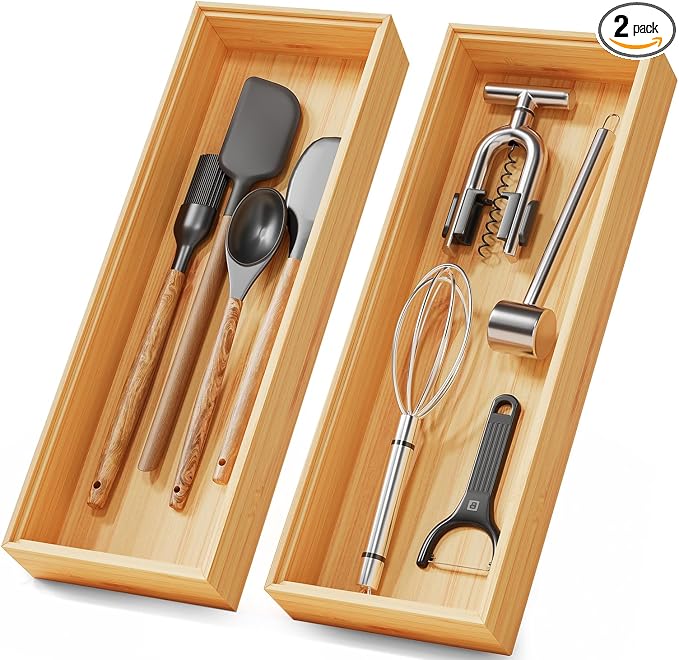 Bamboo Kitchen Drawer Organizer Boxes – 14" x 5" Stackable Wood Silverware by LOCHANTIE