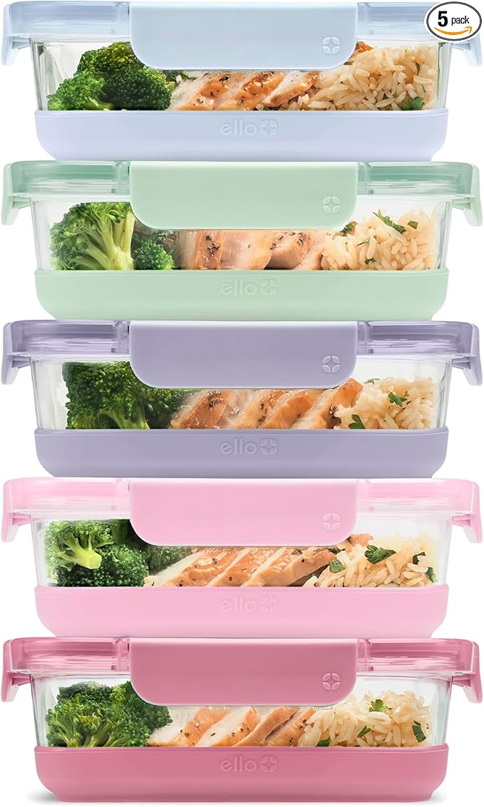 Ello Duraglass Refresh 3.4 Cup Meal Prep Sets 10Pc, 5 Pack Set- Glass Food by Ello