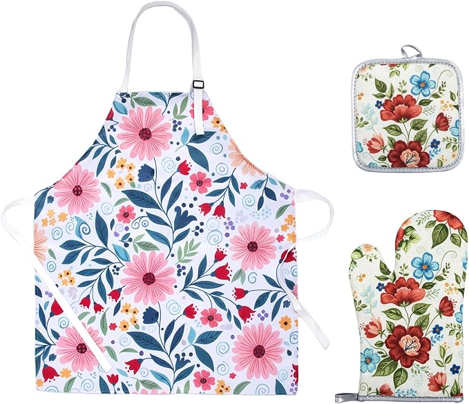 Floral Apron and Oven Mitt Set 3 Piece, Heat Resistant Kitchen Mittens and Pot by QEES