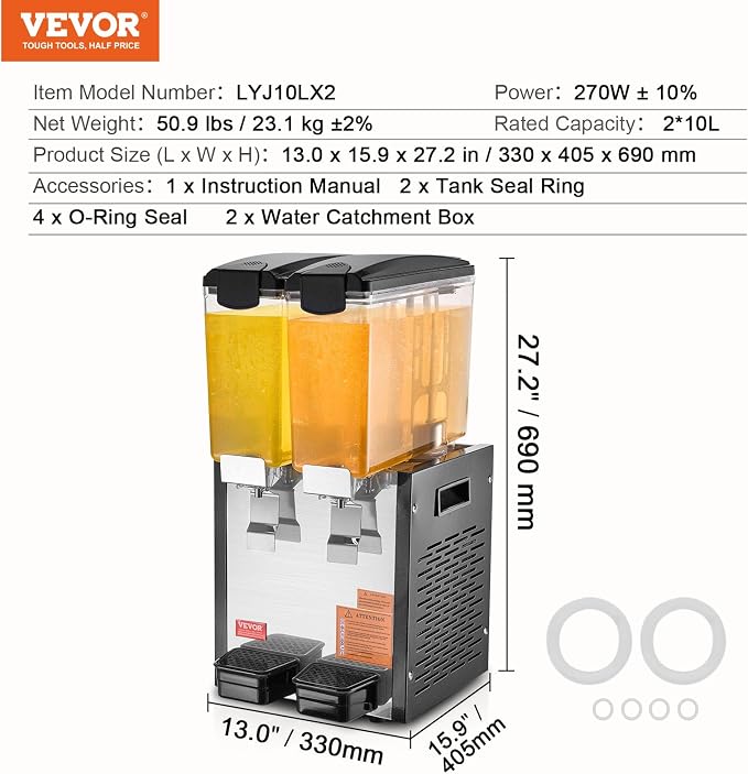 VEVOR Commercial Beverage Dispenser, 2 Tanks 10 L / 10.6 QT Per Tank Juice - Image 7