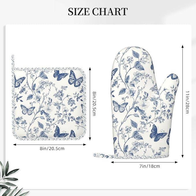 Oven Mitts and Pot Holders Butterfly Flower Vintage Blue Silicone Kitchen - Image 3