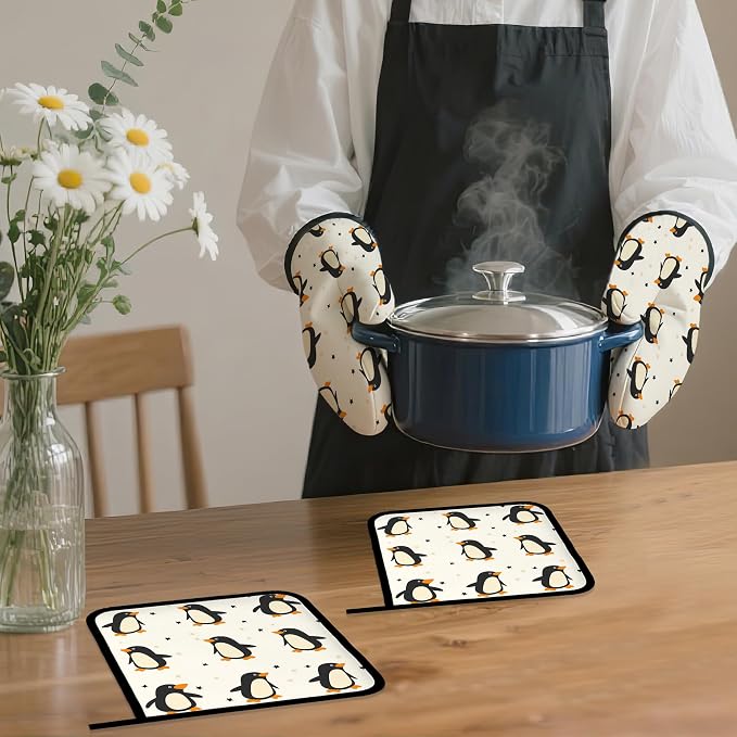 Cute Penguin Oven Mitts and Pot Holders Set, Kitchen Decor Heat Resistant Non - Image 7