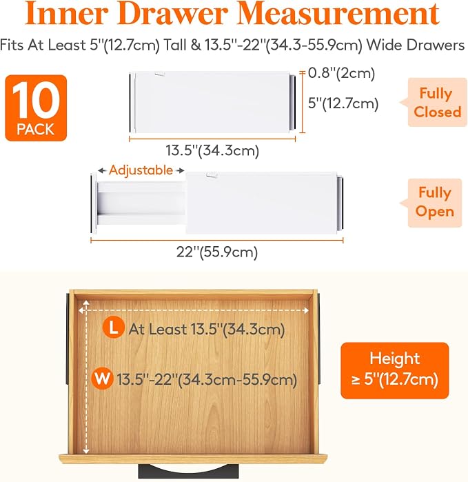 Lifewit 10 Pack 5" High Drawer Dividers 34-56cm/13.5-22" Adjustable Drawer - Image 2