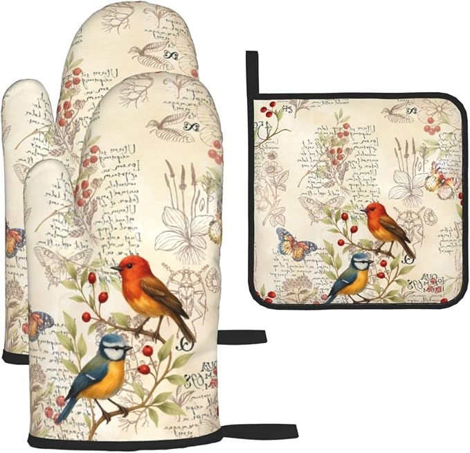 Vintage Bird Themed Hot Pads and Oven Mitts Set of 3, Heat Resistant Non Slip by Unknown