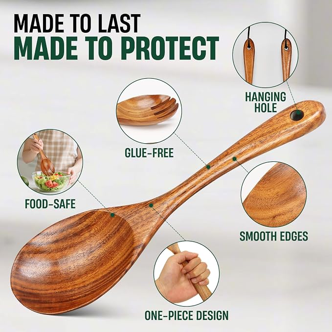 Bkiok Wooden Spoons for Cooking, Natural Teak Wood Kitchen Utensils Set for - Image 3