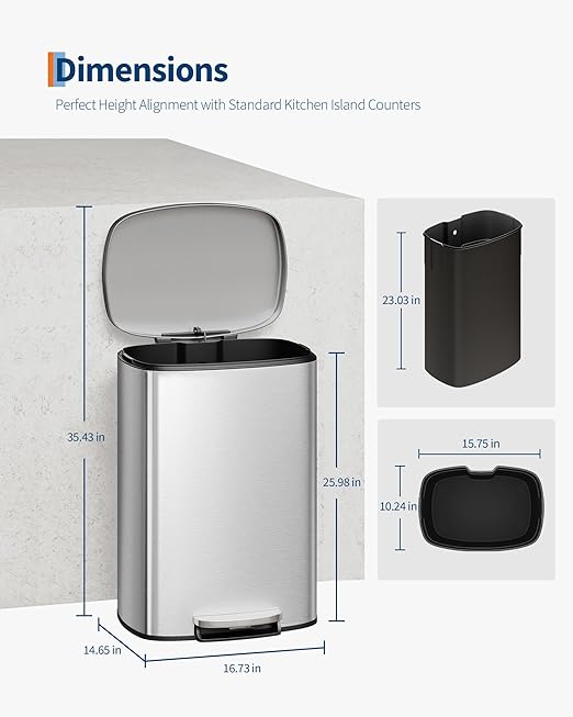 GarveeHome Stainless Steel Kitchen Trash Can, 13 Gal / 50 L Step-On Garbage Bin - Image 6