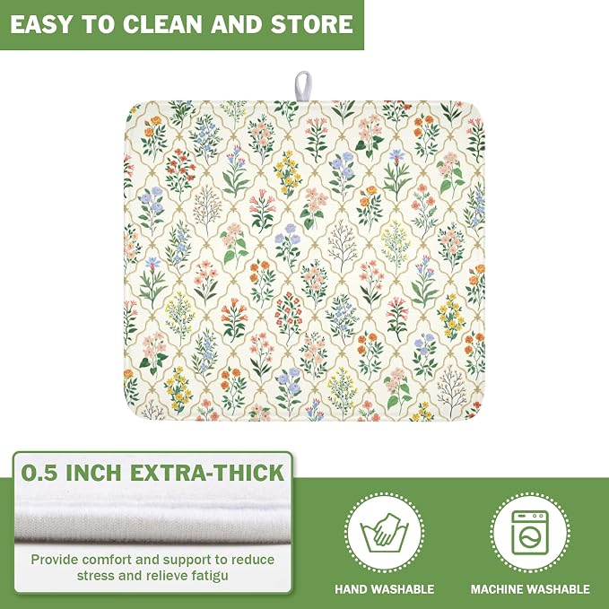 Floral Dish Drying Mat for Kitchen Counter Spring Summer Wild Flowers Diamond - Image 5