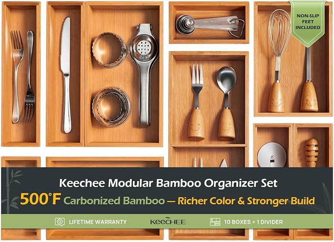keechee 10-Piece Bamboo Drawer Organizer Set, 2.2" Deep Multi-Use Organizers by Keechee