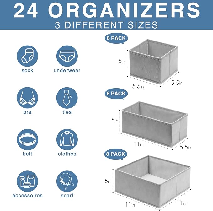 Criusia Drawer Organizer Clothes 24 Pack, Fabric Closet Organizers and Storage - Image 2