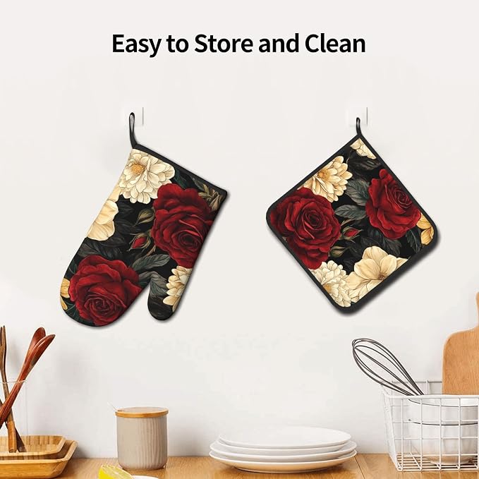 Boho Oven Mitts and Pot Holders Sets Vintage Peony Flowers Kitchen Mitts - Image 6