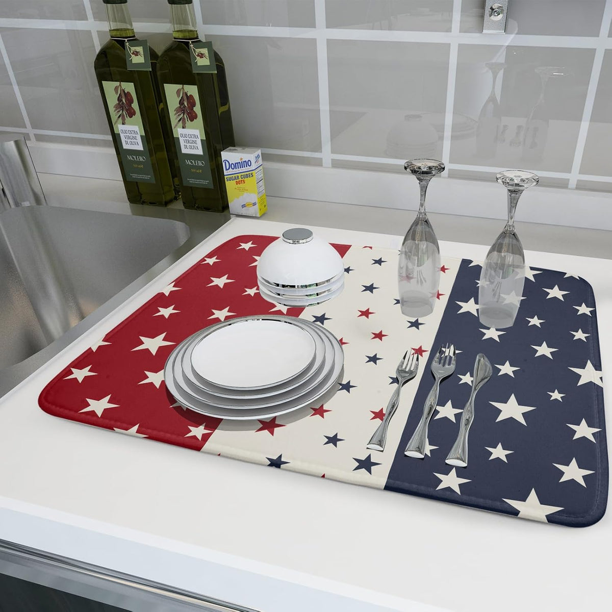 Blue Red White Star July of 4th Patriotic Dish Drying Mat for Kitchen