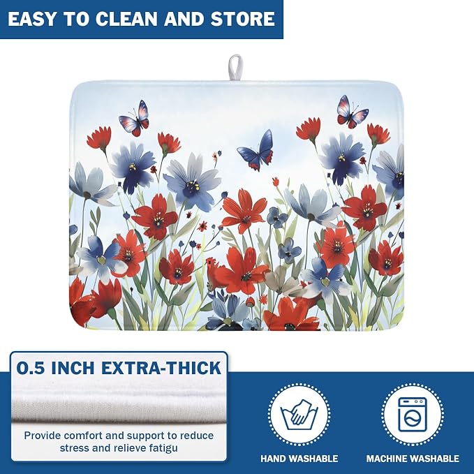4th of July Dish Drying Mat for Kitchen Counter 18 x 24 Inch Patriotic Floral - Image 5