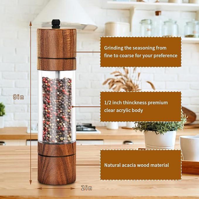 XWXO Acacia Wood Salt Grinder and Pepper Grinder Set Premium Acrylic Salt and - Image 2