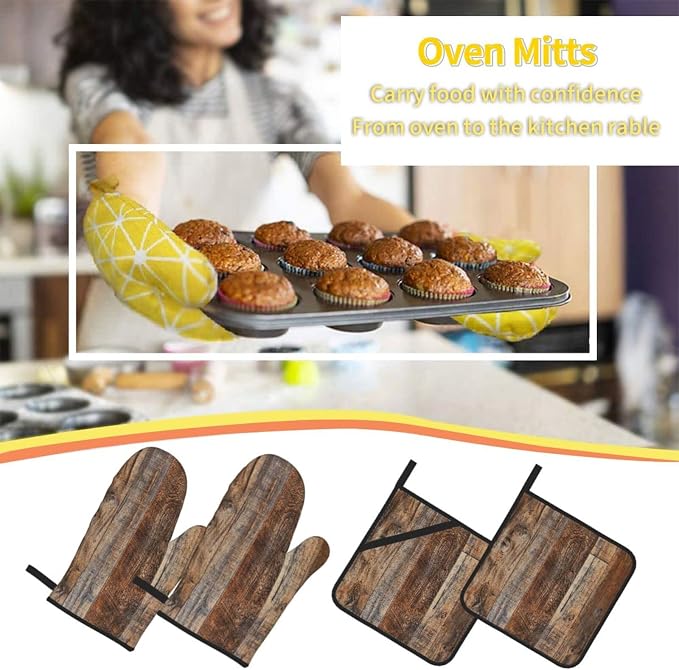 Oven Mitts and Pot Holders Sets of 4, Vintage Brown Wood Splicing Pattern - Image 7