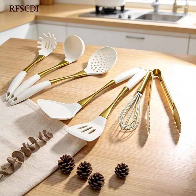 Elegant White Gold Silicone Cooking Utensils Set - Image 2