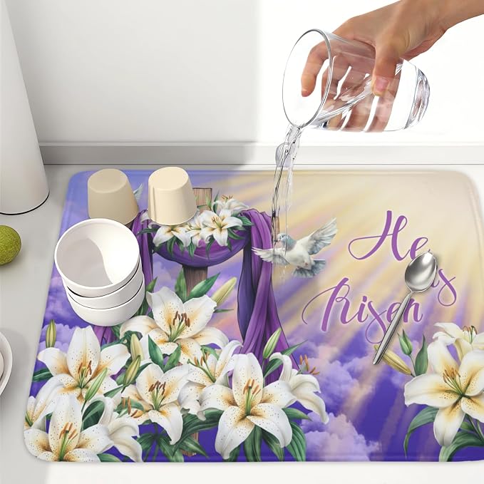 Easter Dish Drying Mat for Kitchen Counter He is Risen Cross Floral Purple - Image 6
