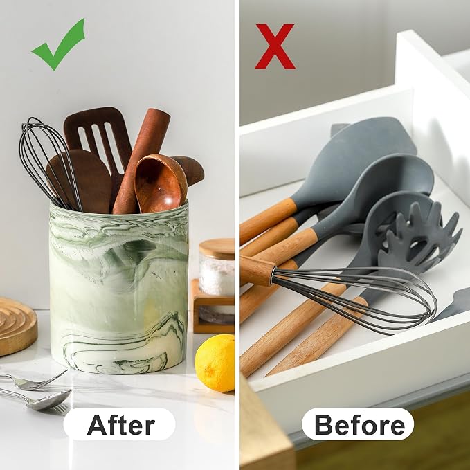7.2 inch Large Utensil Holder for Kitchen Counter, Marble Utensil Crock Spatula - Image 6