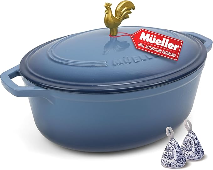 MUELLER HOME 5.5 Quart Enameled Cast Iron Oval Dutch Oven w Rooster Knob & by MUELLERHOME