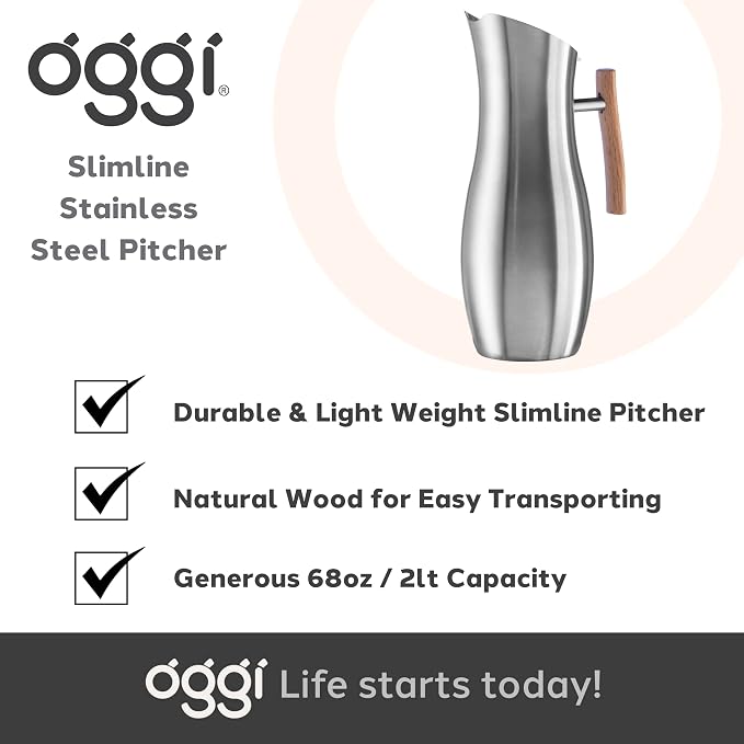 OGGI Slimline Stainless Steel Pitcher- Stainless Steel Water w/Ice Guard - Image 7