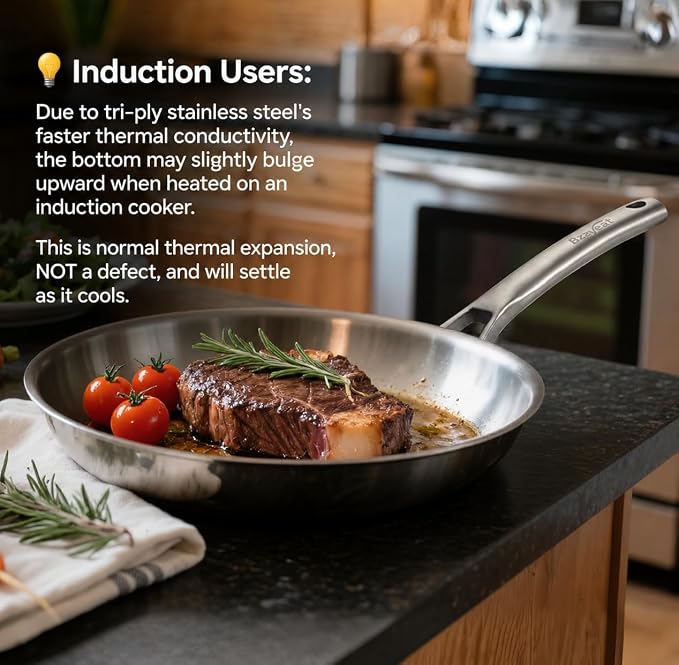 Chef's Frying Pan 12 Inch Set of 2, Tri-Ply Clad Stainless Steel Skillet - Image 3