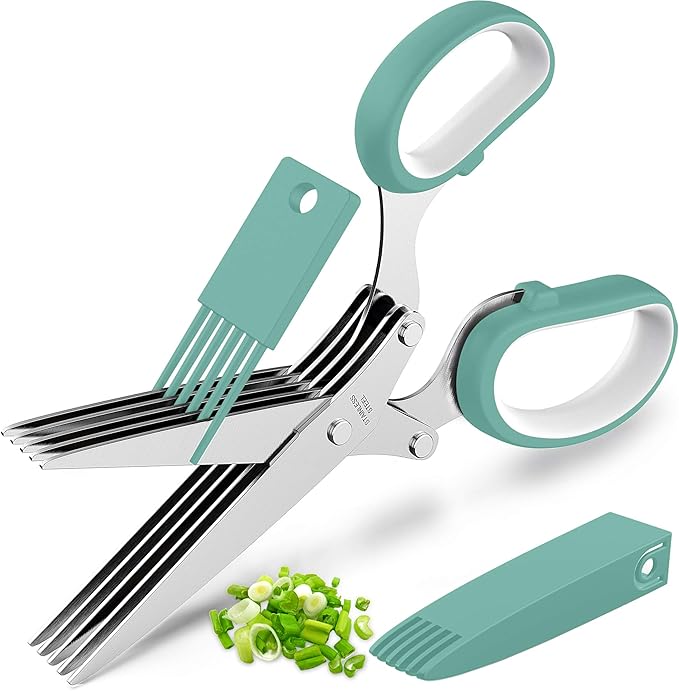 Herb Scissors with 5 Blades and Cover, Kitchen Herb Cutter with Cleaning Comb by POROMI