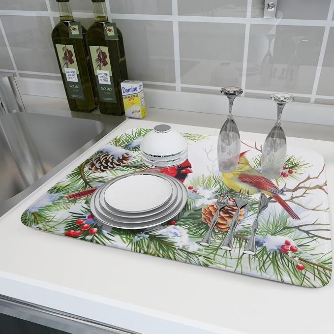 Giwawa Red Birds Dish Drying Mat, Xmas Tree Branch Holly Red Berries Dish - Image 6