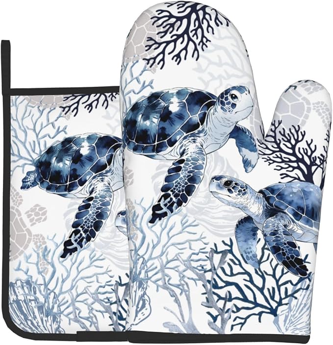 Coastal Oven Mitts and Pot Holders Sets of 2 Summer Kitchen Mitts Blue Sea by DZGlobal