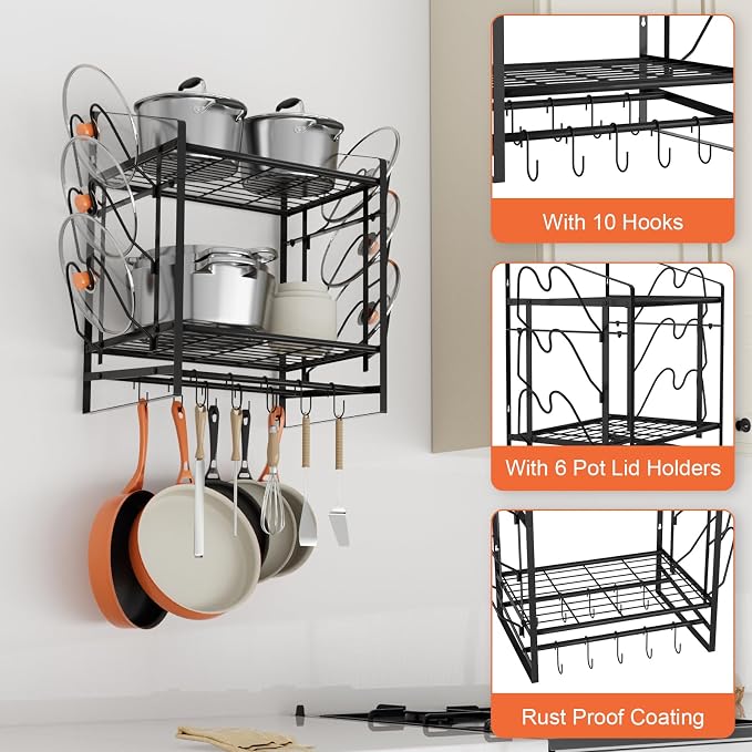 VyGrow 17 Inch Pot Rack Wall Mounted, 2 Tier Pots and Pans Organizer - Image 5