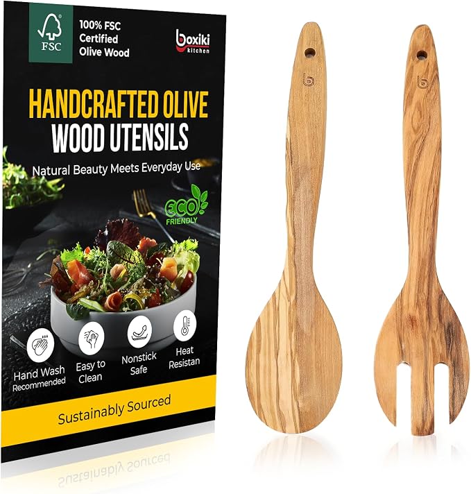 Olive Wood Utensil Set of 2 PCS – Handcrafted Wooden Spoon & Spatula – Natural by Boxikikitchen